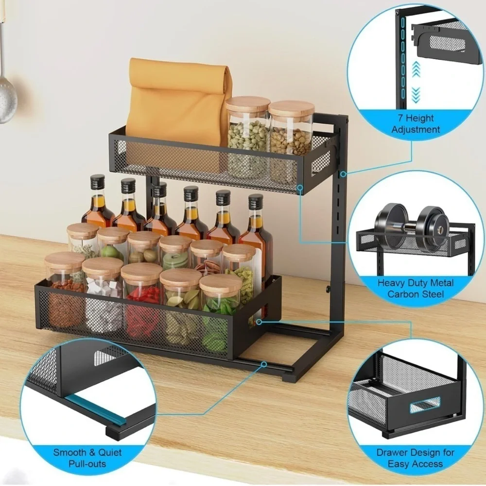 Under Sink Organizer Pull Out Cabinet Organizer Adjustable Height 2 Tier